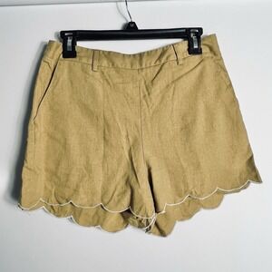 Hem & Thread Women's Med Linen‎ Blend Scallop Hem Shorts Tanish Zip Back READ